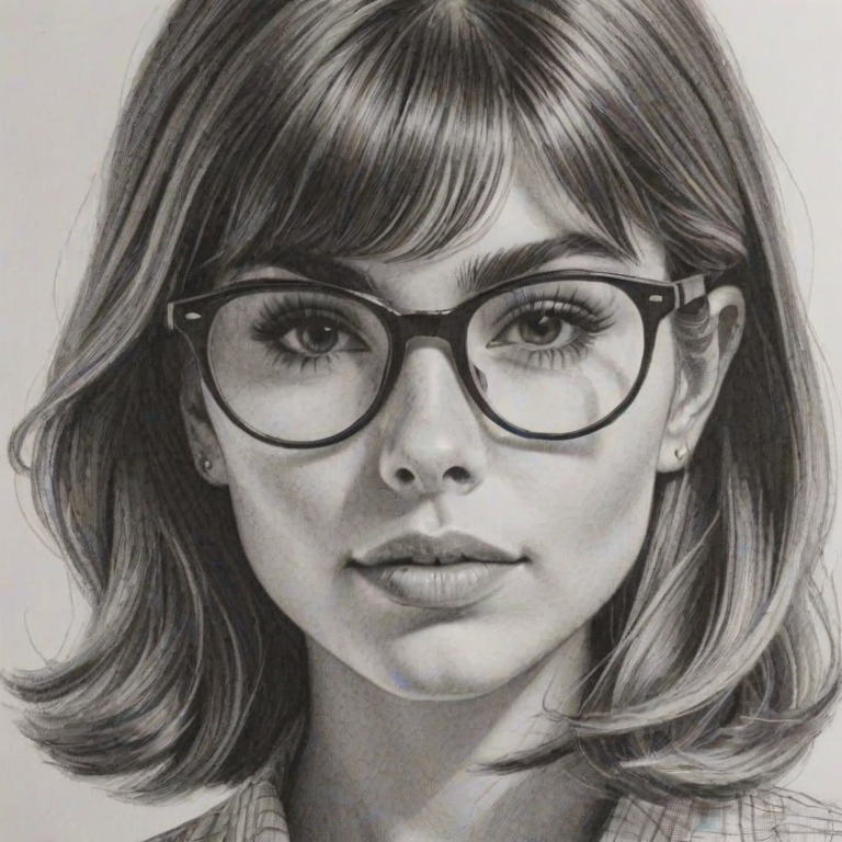 Radiant Olivia Jade Giannulli, pencil sketch, portrait of Pleasing woman 1965s in glasses, hair style beatnik, outline, clear lines, fine lines, 8k