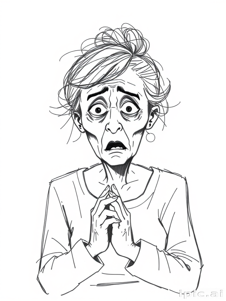scribbly unfinished sketch, old lady with messy gray hair in a loose bun, surprised expression, mouth open, hands clasped together in front of her chest. Her eyes are wide, eyebrows are furrowed. vibe of shock or surprise.