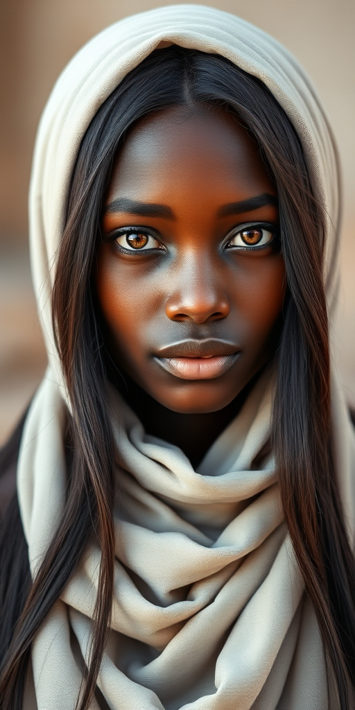 Create a portrait of a young Zulu woman with long, dark hair and captivating hazel eyes. She is wearing a white headscarf and a matching scarf draped gracefully around her neck. The background is softly blurred, focusing attention on her serene and natural expression. The overall color palette is muted and warm, enhancing the intimate and authentic feel of the portrait.