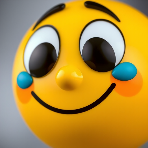 Create a vibrant yellow emoticon with large tear droplets, smiling mouth and exaggerated features, using a close-up shot, aperture f/1.8, ISO 100, 50mm lens, soft lighting and high dynamic range for enhanced colors.