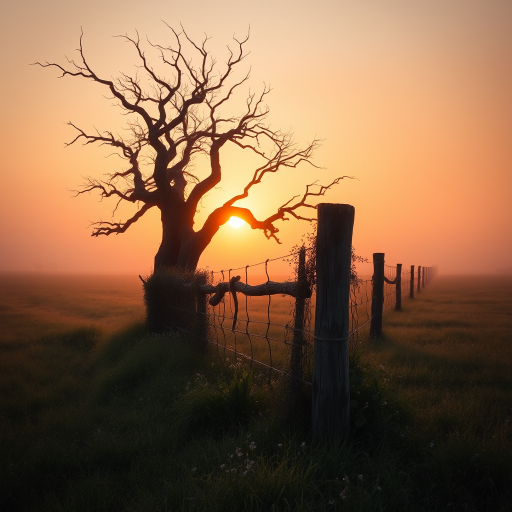 A serene countryside landscape at dawn, with a misty orange glow filling the air. The sun rises behind a large twisted and gnarled bare tree, casting a warm light over the scene. A rustic wooden fence, weathered and overgrown with vines and delicate wildflowers along the fence line, stretches into the distance, dividing a grassy field that fades into the fog. The grass is dew-kissed and shimmering, and there's a touch of mist rising from the ground. The sky gradually fades into darker shades as it reaches higher, enhancing the peaceful, dreamlike dark fantasy atmosphere