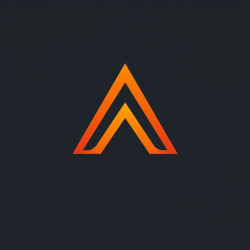 Create a minimalist logo featuring a stylized triangular arrow in shades of orange and yellow, captured with a DSLR camera at f/5.6, ISO 100, 1/125s, using a macro lens for sharp detail and vibrant color contrast.