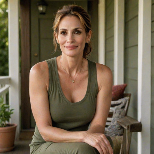 A photo of Julia Roberts with a background of a cozy porch. She has dark hair pulled back in an updo, with tendrils framing her face. She wears a Olive tank top and sits on the porch. The porch is part of a well-lit house