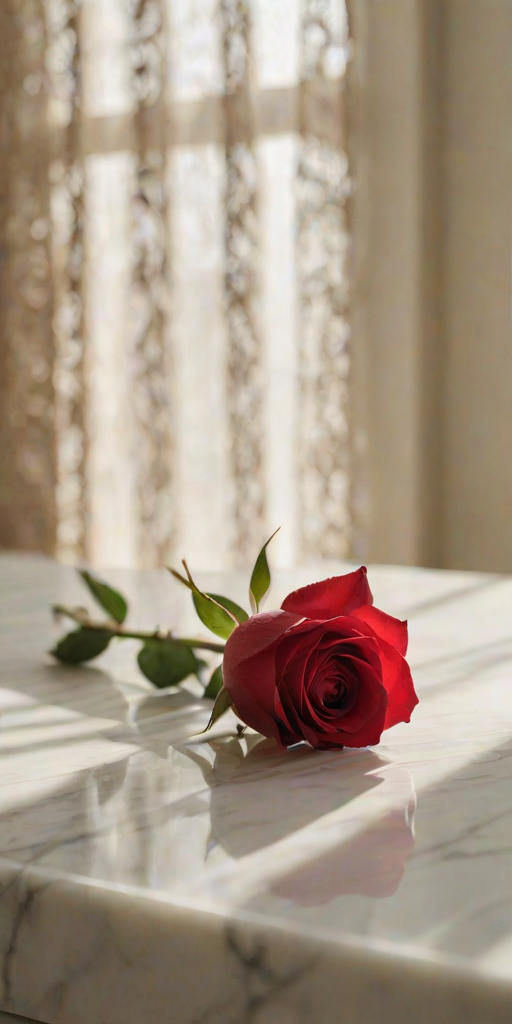 Soft-focus image of a single red rose resting on a marble countertop, soft sunlight filtering through lace curtains, casting delicate shadows across the surface.