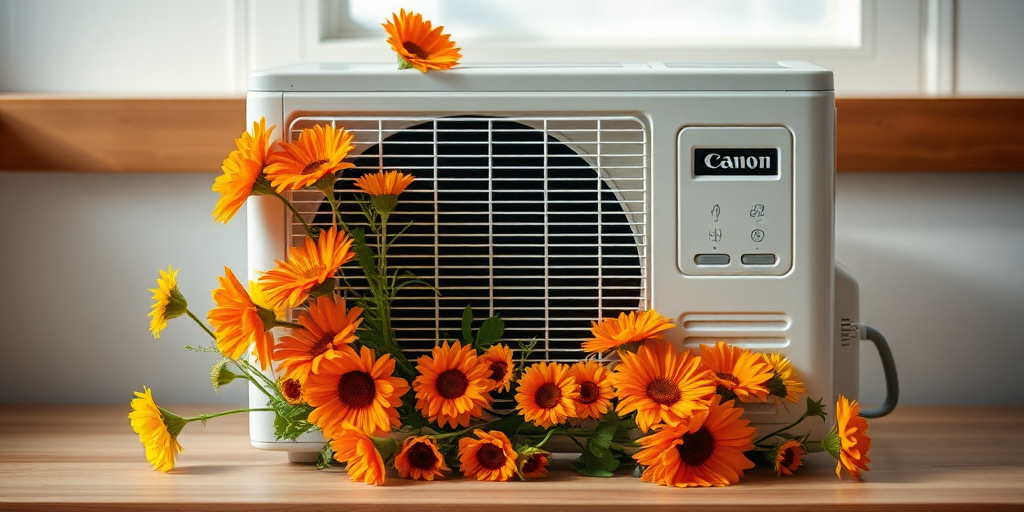 Create a still life composition featuring a modern air conditioner adorned with vibrant orange and yellow flowers, captured with a Canon EOS R5, 50mm f/1.8 lens, f/2.8 aperture, ISO 100, natural soft lighting, shallow depth of field.