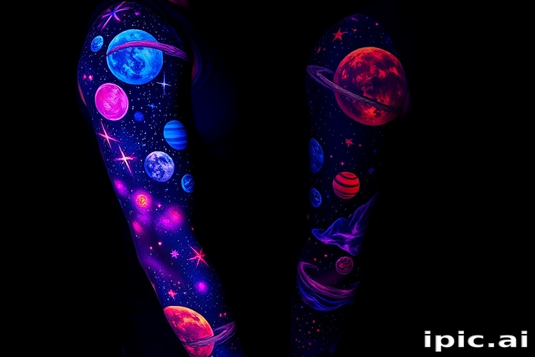 Mesmerizing full-sleeve body tattoo depicting a cosmic galaxy scene with realistic planets and stars in vivid ultraviolet ink, glowing under blacklight for an otherworldly effect