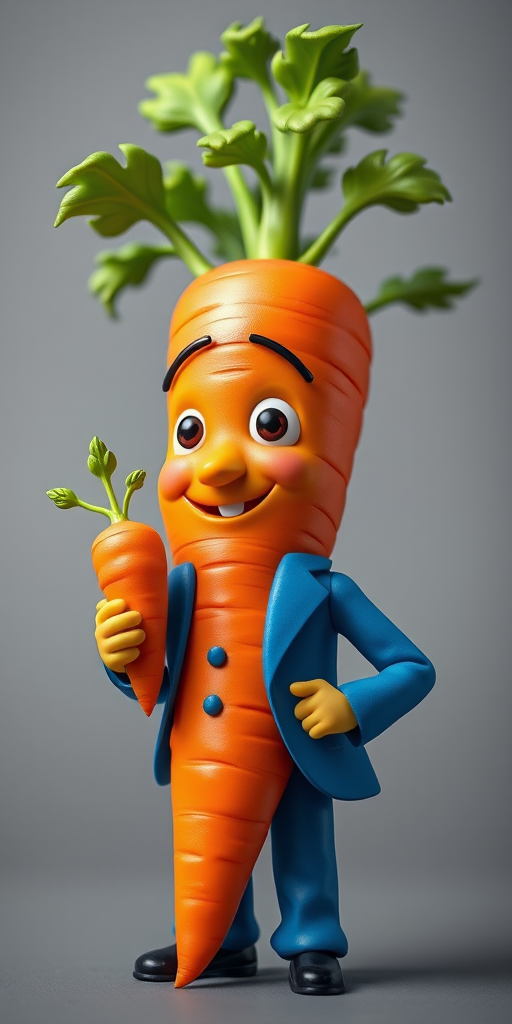 Create a 3D cartoon character of a carrot with leafy greens, wearing a blue suit and holding a smaller carrot, use a 50mm lens, f/1.8 aperture, 1/200 shutter speed, capture from a low angle perspective, soft lighting to enhance the vibrant colors and details.