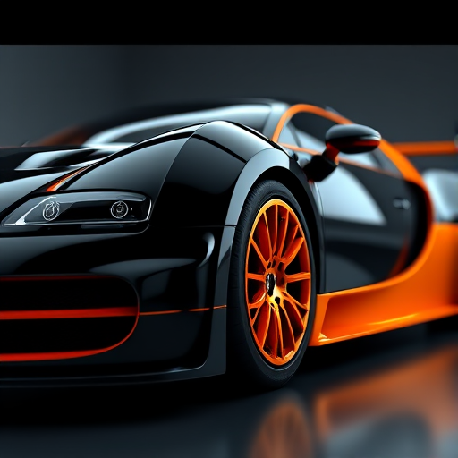 highly detailed 3D render of a Bugatti Veyron with a black and orange color scheme, soft lighting, low angle view, aperture f/2.8, shutter speed 1/100s, ISO 100, DSLR camera, shallow depth of field