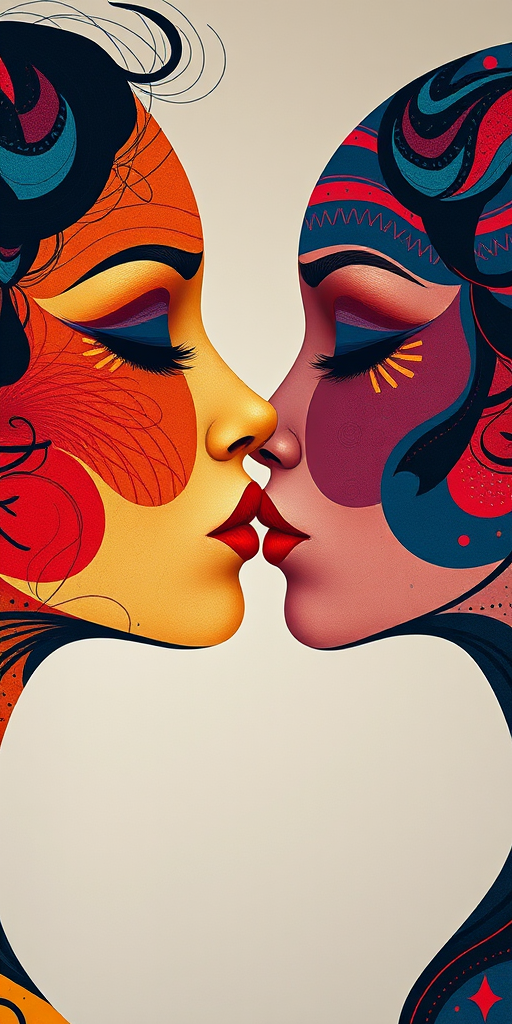 Create a high-resolution image of two abstract faces sharing a kiss, featuring bold colors and intricate patterns, captured with a Canon EOS R5, 50mm lens, aperture f/1.8, ISO 100, at a 1/200 sec shutter speed, using a soft-focus style with dramatic lighting to enhance details.