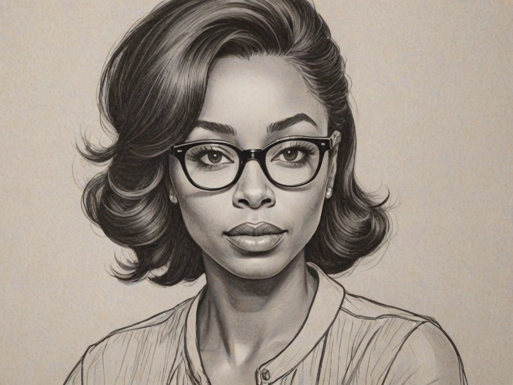 Lovely Erica Ash, pencil sketch, portrait of Stunning woman 1960s in glasses, hair style beatnik, outline, clear lines, fine lines, 8k