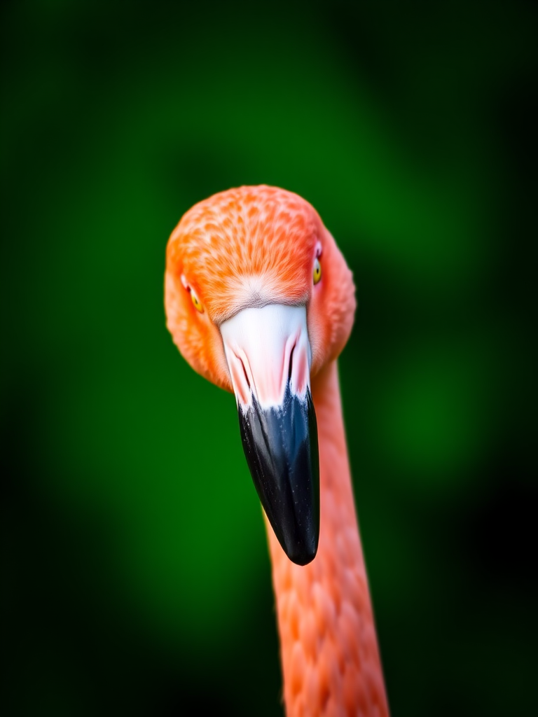 Flamingo portrait with vibrant green background, ISO 100, f/4.0, 1/500 sec, 85mm lens, macro photography, DSLR camera, natural lighting.