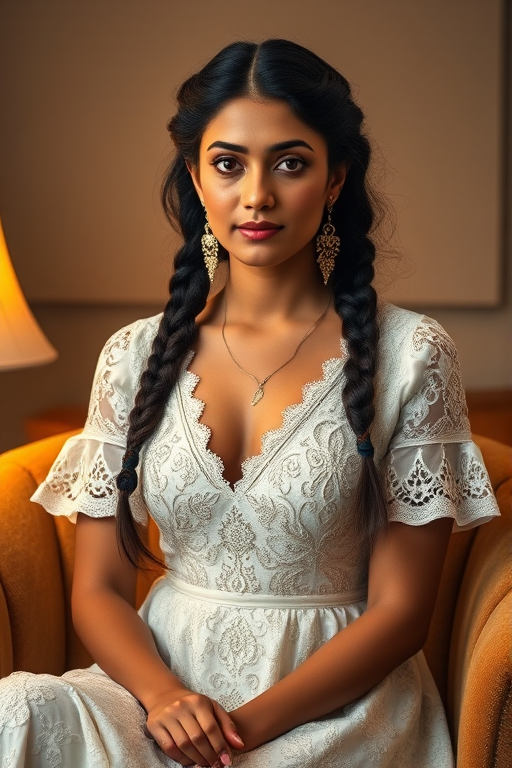 Create a portrait of a refined and elegant Pakistani woman seated in a sophisticated setting. She has long, wavy hair styled in two thick braids that are pulled over her shoulders. She wears a white, lace gown with intricate patterns, featuring a deep V-neckline and short sleeves. The dress exudes a vintage charm with its delicate lacework. She is adorned with ornate, dangling earrings that add a touch of glamour to her appearance. The background is softly lit, with warm, ambient lighting that creates a cozy and inviting atmosphere. Her expression is poised and serene, capturing a sense of grace and elegance.