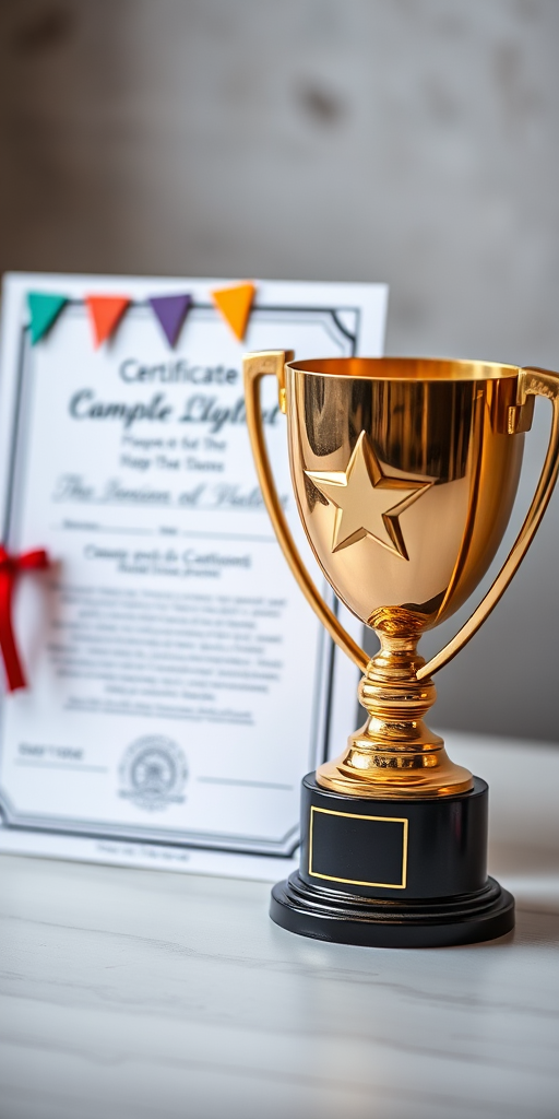 create an image of a gold trophy with a star in the center next to a blank certificate decorated with colorful bunting, shot with a DSLR camera at f/4, ISO 100, 50mm lens, with soft natural lighting and a shallow depth of field