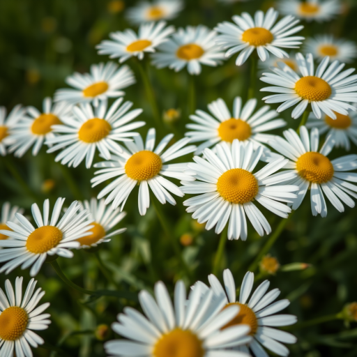 close-up of white daisies with yellow centers in a green field, captured with a Canon EOS 5D Mark IV, f/2.8 aperture, 50mm lens, natural lighting, shallow depth of field