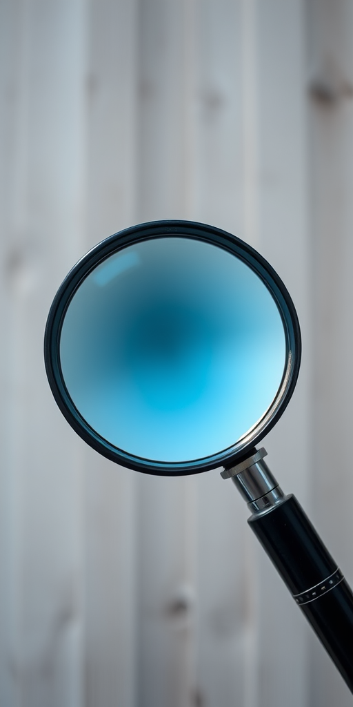 Create a high-resolution image of a magnifying glass with a transparent lens showing a soft blue gradient, use a shallow depth of field, shot with a 50mm lens at f/2.8, soft natural lighting, and a top-down view.