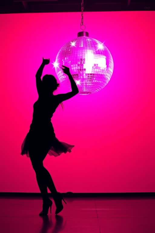 Generate a vibrant silhouette of a dancer against a bright pink background featuring a large disco ball with stars, using a Canon EOS R5 with a 50mm lens, f/1.8 aperture, ISO 100, and a low angle view for dramatic effect.