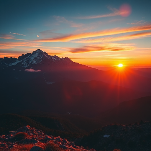 Generate an image of a peaceful mountain landscape at sunrise with vibrant colors and dramatic lighting, using a Canon EOS R5 camera, 24mm lens, f/8 aperture, ISO 100, 1/200 sec shutter speed, capturing a wide-angle view in landscape orientation for enhanced image quality.