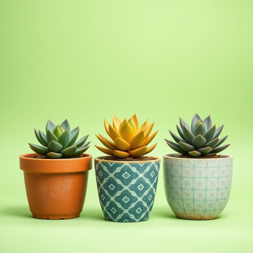 Create a vivid illustration of three potted succulents against a soft green background, shot with a Canon EOS 5D Mark IV, using a 50mm f/1.8 lens, aperture set at f/2.8 for a shallow depth of field, emphasizing colors and textures.