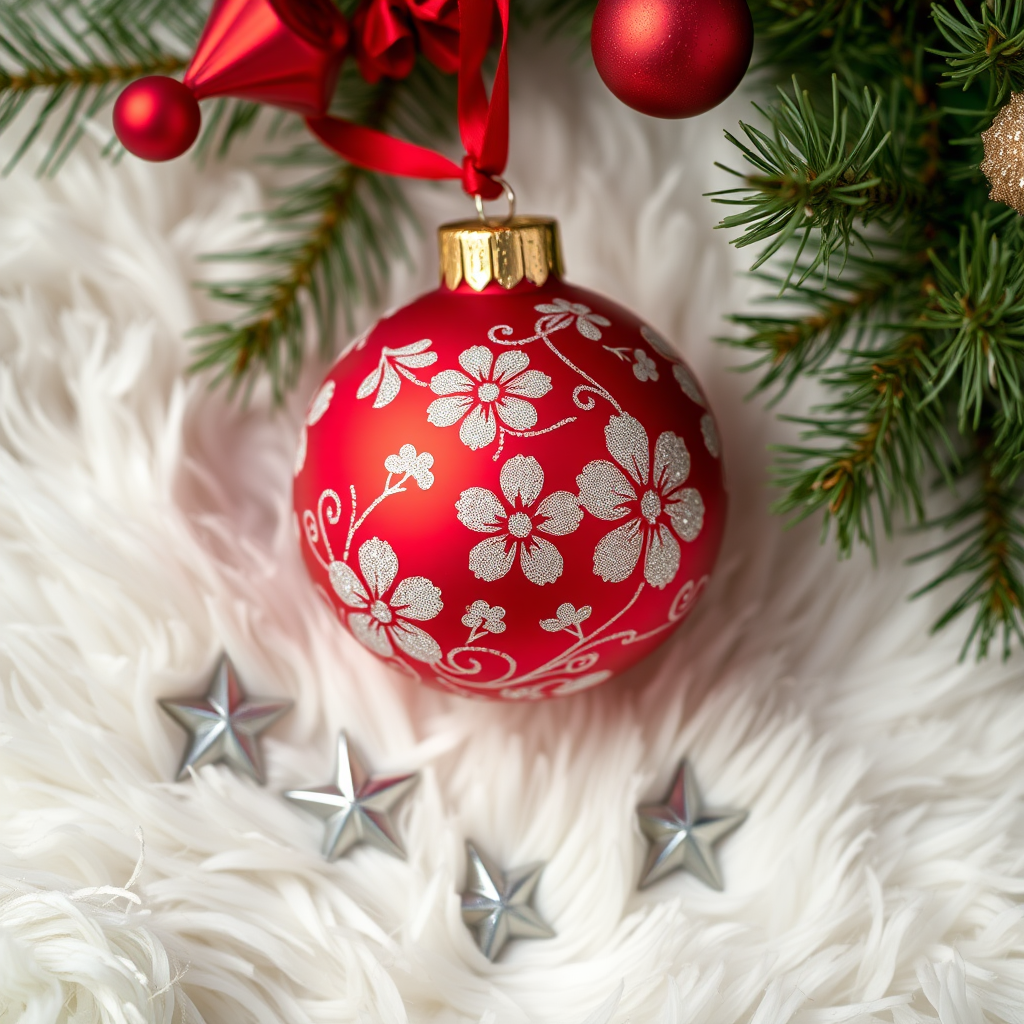 Regenerate the image of a red Christmas ornament with floral designs on a soft, white fur background with three small silver stars scattered around, captured with a DSLR camera, 50mm lens, f/2.8 aperture, ISO 100, shallow depth of field for a blurred background, top-down view for composition clarity.