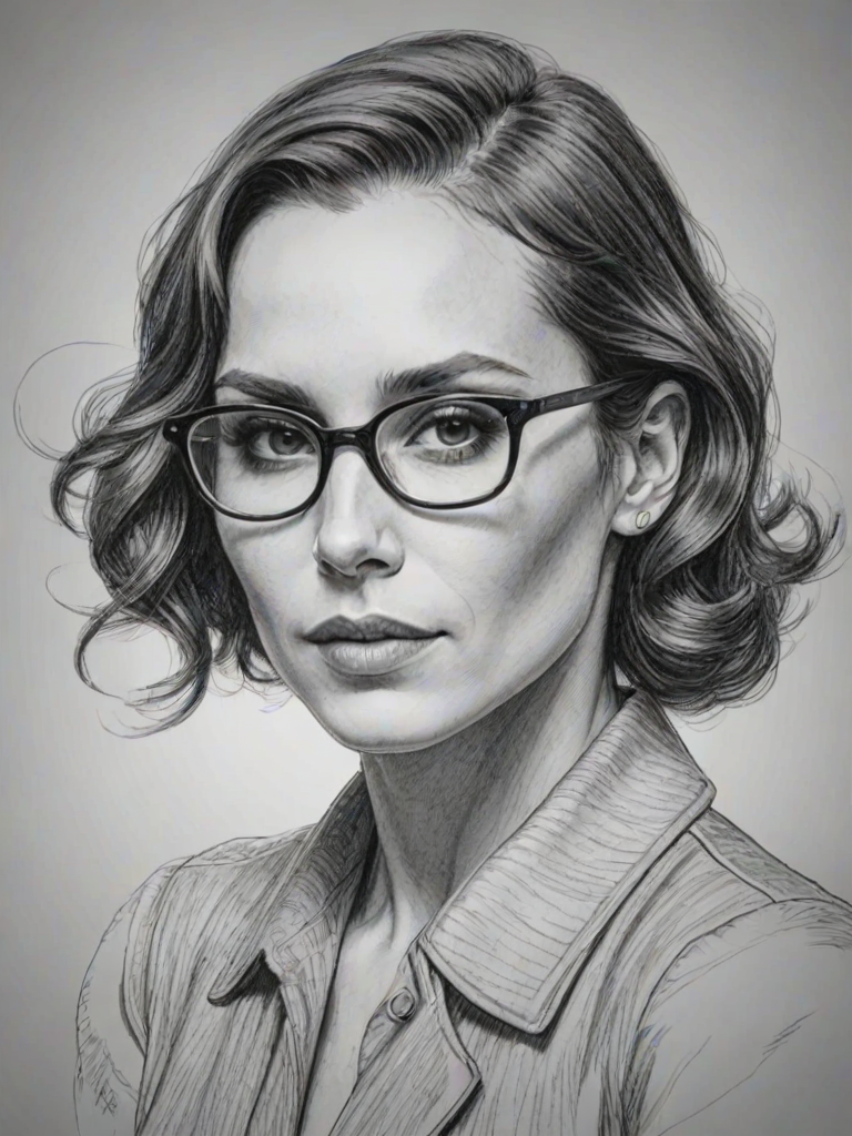 Dazzling Noomi Rapace, pencil sketch, portrait of Graceful woman 1930s in glasses, hair style beatnik, outline, clear lines, fine lines, 8k