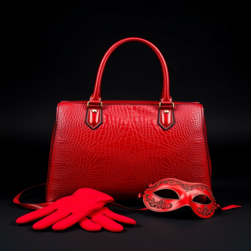 photograph a red designer handbag with an elegant texture and a matching pair of red gloves placed beside it, include a decorative red mask, use a DSLR camera with a 50mm lens, aperture f/1.8, ISO 100, softbox lighting for even illumination, black gradient background for dramatic contrast, focus on details and textures.