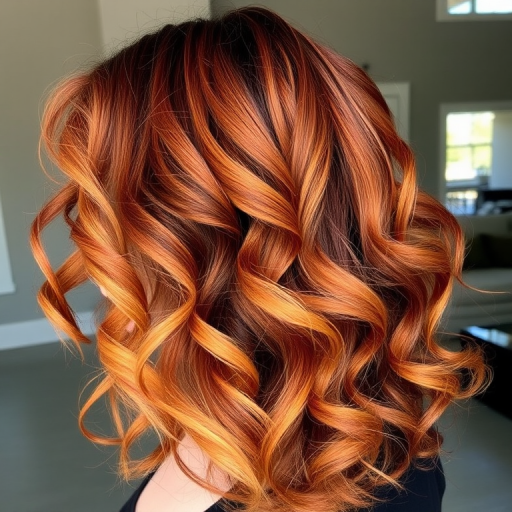 Earthy autumn leaves ombre starting with rich auburn roots transitioning to warm golden tips, styled in voluminous curls for a lush forest-inspired look