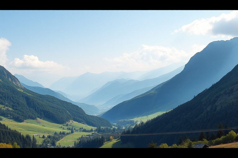 landscape painting of a serene valley with mountains in the background, soft watercolor style, sunlight casting gentle shadows, camera settings: aperture f/8, shutter speed 1/125, ISO 100, camera view: wide-angle perspective, camera style: artistic, camera type: DSLR
