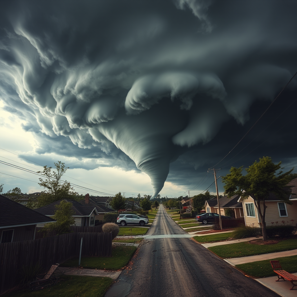 Create a dramatic landscape scene of a tornado descending upon a suburban neighborhood, focusing on the swirling debris and dark storm clouds overhead, captured with a DSLR camera at 24mm, f/8, ISO 100, in HDR style, wide-angle view to enhance depth and detail.