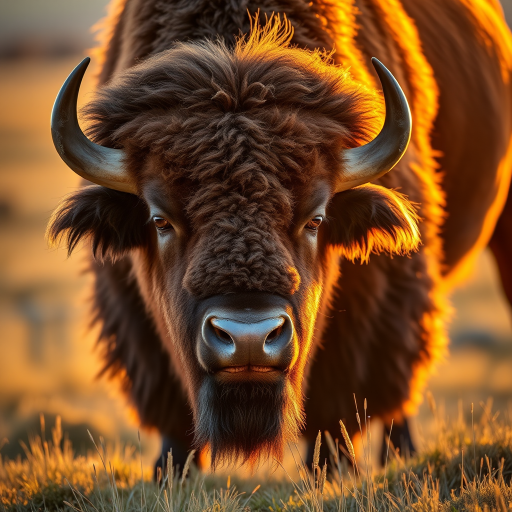 Capture a majestic bison in golden hour lighting, shot with a Canon EOS R5 at 85mm, f/1.8, ISO 100, focusing on the texture of the fur and the serene landscape in the background, with a shallow depth of field to highlight the subject.
