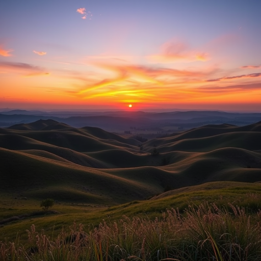 Generate a high-resolution image of a serene landscape featuring rolling hills and a vibrant sunset, shot with a Canon EOS R5, 24mm lens, f/8 aperture, ISO 100, at a golden hour for optimal lighting and colors.