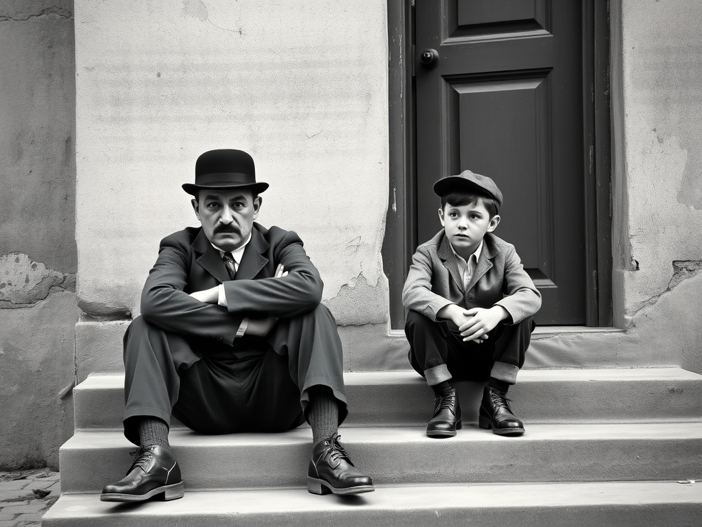A black-and-white photograph of a man and a child sitting on steps in front of a doorway. The man is dressed as a tramp with a bowler hat, mustache, and ragged clothes, reminiscent of Charlie Chaplin's iconic look. He is sitting with his arms crossed and an expression of slight sadness or frustration. Next to him is a young boy, also in worn clothes and a cap, sitting with his hands clasped, looking thoughtful. The background is an old, textured wall and a partially open door, creating a vintage, early 20th-century atmosphere.