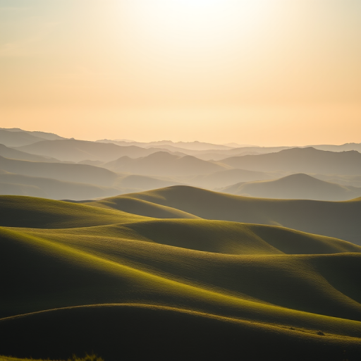 scenic landscape of rolling green hills under soft morning light, captured with a DSLR camera, 35mm lens, aperture f/8, ISO 100, 1/200 sec shutter speed, panoramic view with a slight tilt for depth