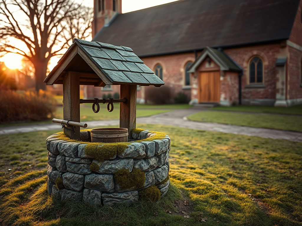 A serene landscape featuring an old stone well adorned with moss and a wooden bucket in front of a charming brick church, soft focus, golden hour lighting, ISO 100, f/2.8, shutter speed 1/60s, 50mm lens, DSLR camera, shallow depth of field.