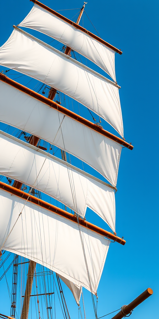 a highly detailed image of a traditional sailing ship with white sails fully erected, captured with a DSLR camera at 50mm, f/8 aperture, ISO 100, in natural light, with a slight tilt shift effect to enhance depth and focus on the ship's intricate design, against a clear blue sky background