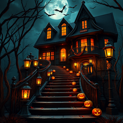 airbrushed oil painting, halloween theme, a haunted house, stairs, highly decorated, illuminated, lanterns, jack o'lantern, bats, webcobs