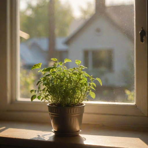 Warmly lit close-up of a pot of herbs growing on a windowsill, soft sunlight filtering through the leaves, with the faint outline of a cozy kitchen in the background and a sense of quiet calm.