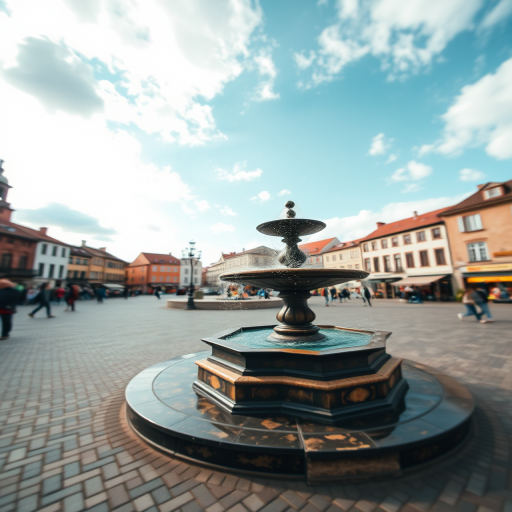 Generate a high-resolution image of a lively town square with a fountain, surrounded by historic buildings and shops, under a partly cloudy sky, using a DSLR camera with a 24mm lens, aperture f/8, ISO 100, and a slight tilt-shift effect for enhanced depth.
