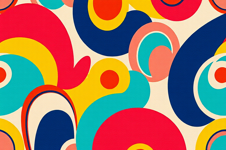 Create an abstract pattern featuring various colorful shapes like curves, lines, and geometric forms with a vibrant and playful composition, shot with a Canon EOS R5 at f/2.8, ISO 100, 35mm lens, in natural light, using a macro view to enhance details and colors.