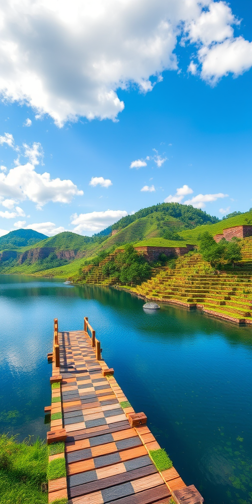 regenerate a vibrant landscape scene in a Minecraft-inspired world featuring a serene lake, lush green hills, and a wooden bridge with a checkered path leading to the water, shot with a DSLR camera using a wide-angle lens at f/8, ISO 100, and a shutter speed of 1/200s to capture bright colors and details, in bright daylight with a clear blue sky and scattered clouds for a dynamic atmosphere