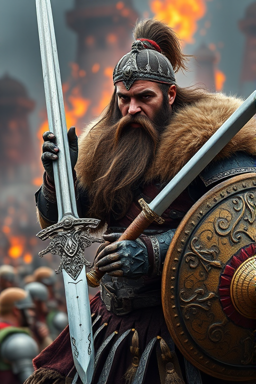 A detailed image of a fierce warrior with a long beard wielding a sword and shield, wearing ornate armor and a fur cloak, surrounded by an epic, colorful battlefield backdrop, captured with a DSLR camera at f/2.8, 50mm lens, in portrait mode, high dynamic range.