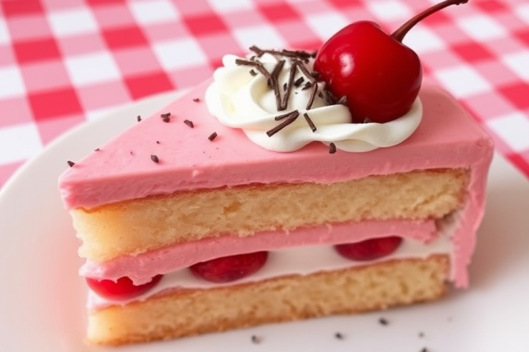 A slice of layered cake featuring pink frosting and cherries on top, with whipped cream and chocolate shavings, presented on a white plate, set against a checkered tablecloth background.