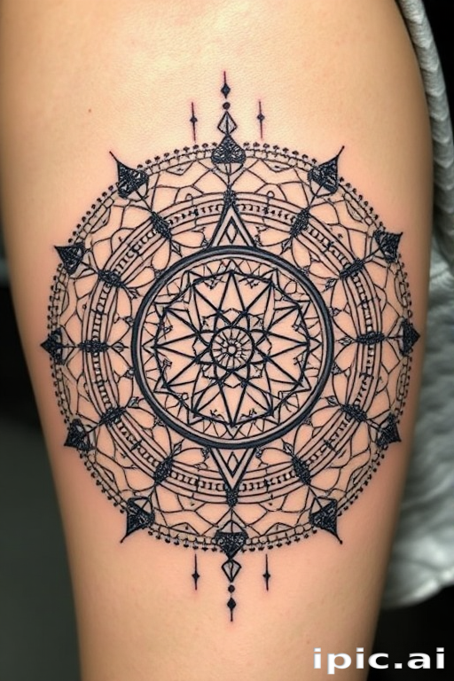 Intricate dotwork mandala tattoo named "Cosmic Harmony" featuring concentric circles and geometric patterns. Thousands of tiny dots create mesmerizing textures and gradients, giving the illusion of three-dimensionality. Sacred geometry symbols and celestial motifs are incorporated into the design, infusing it with spiritual significance.
