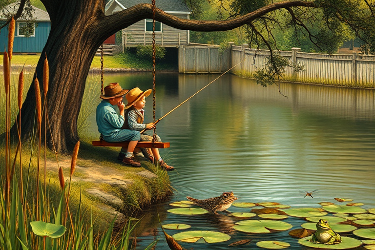 Imagine a small group of old fashioned young boys out fishing by the creek, a swing hanging from a tree branch, reeds and grasses by the water's edge, a frog sitting on a lily pad, dragonflies hovering over som water plans, a very iconic old fashioned scene reminiscent of a Norman Rockwell painting style