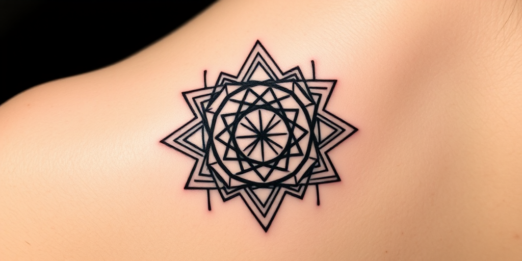 Minimalist geometric blackwork tattoo called "Sacred Symmetry" showcasing clean precise lines forming intricate patterns of interlocking triangles circles and hexagons arranged in perfect symmetry creating a mesmerizing optical illusion effect with bold solid black ink contrasting sharply against the skin's natural tone emphasizing the stark simplicity and mathematical precision of the design