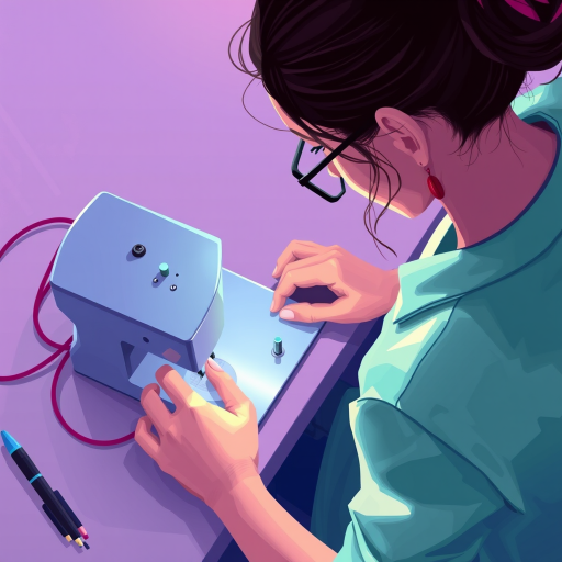 Create an illustration of a person sewing at a sewing machine, using vibrant colors and a top-down view, with a soft focus effect, utilizing a digital drawing tablet for enhanced detail and smooth lines.