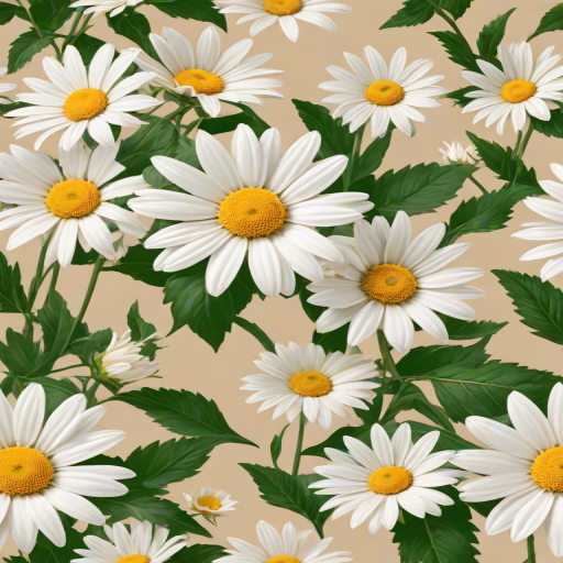 create a seamless pattern featuring white daisies with yellow centers and green leaves on a light beige background