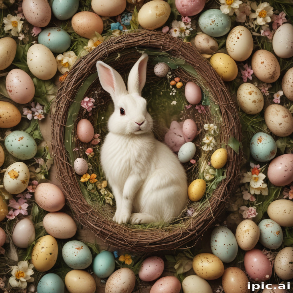 A Charming White Rabbit Surrounded by Colorful Easter Eggs and Flowers.