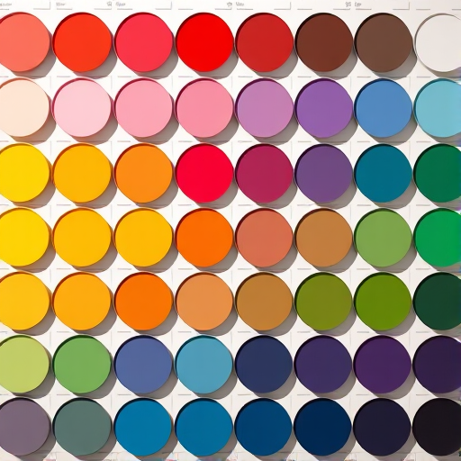 Create an image of a color palette with circular swatches arranged in organized rows, using a high-resolution digital camera, aperture set to f/4, ISO 100, 50mm lens, and a top-down view with natural lighting for enhanced color vibrancy.