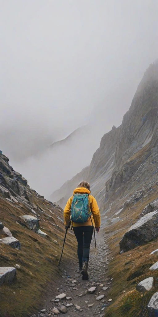 Foggy mountain pass, with thick mist swirling around the peaks, a woman in a bright jacket navigates the rocky trail, her breath visible in the cold air as she makes her way up the path.