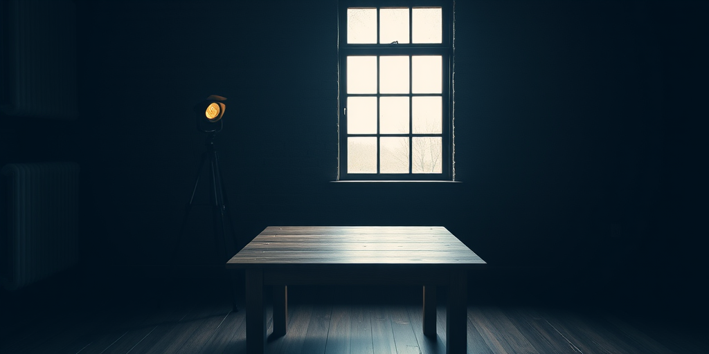 A dimly lit room with a single wooden table against a textured dark wall, featuring a vintage spotlight on a tripod and a large window letting in soft natural light, captured with a DSLR camera at f/2.8, ISO 100, 1/60 sec, using a 35mm lens for a shallow depth of field and a cinematic style.